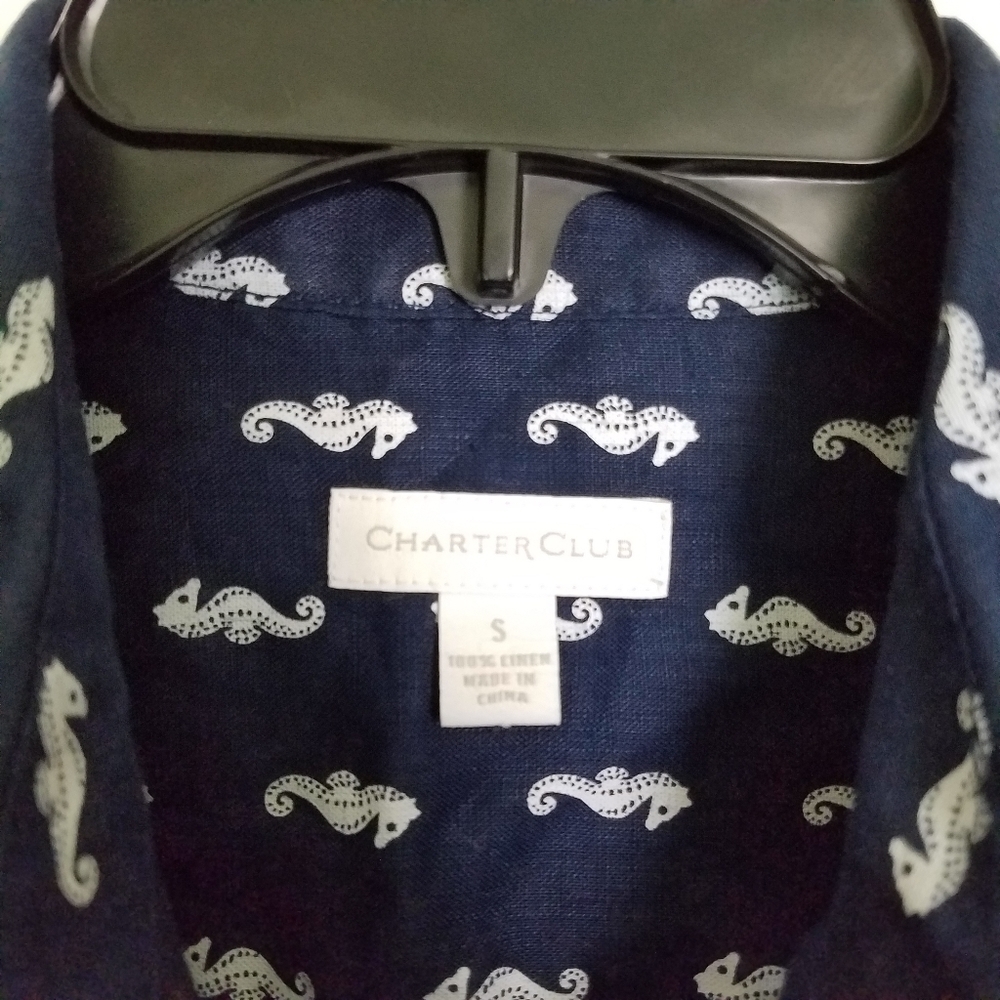 Charter Club Navy White Seahorse Linen Button Up S - Picture 4 of 6